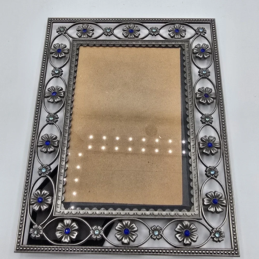Heirloom Silvertone Floral Blue Jewel Design Photo Picture Frame Vtg
